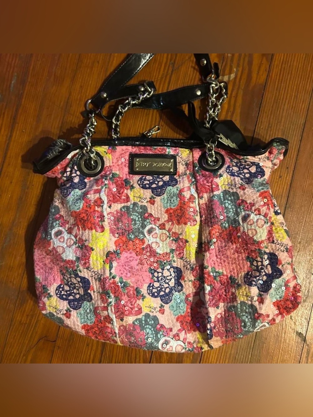 Betsey Johnson Multicolor Floral Skull Sequin Tote Bag